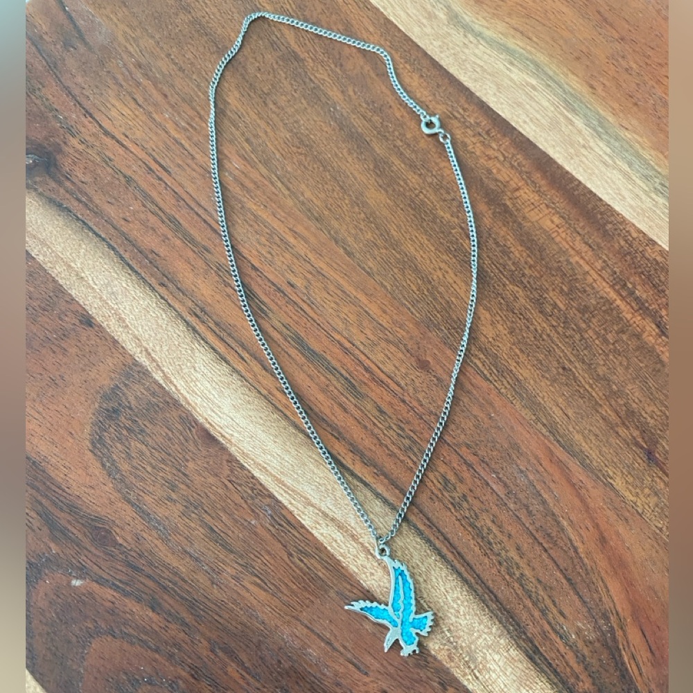 Western Silver Toned and Turquoise Chip Screaming Eagle Pendant Necklace